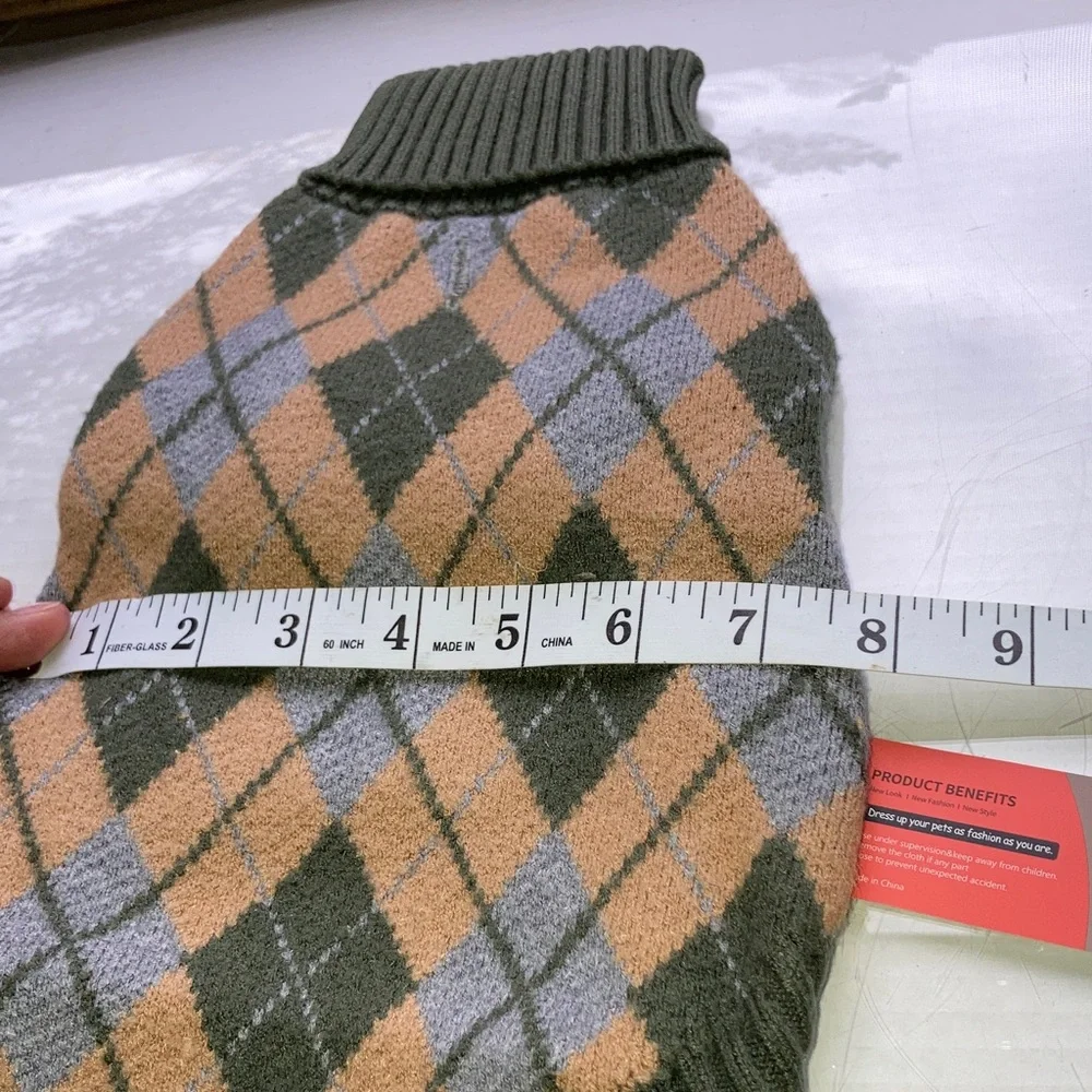 Dog Sweater Argyle Diamond Plaid Turtleneck Green Blue Tan Small Dogs 13 x 8 in